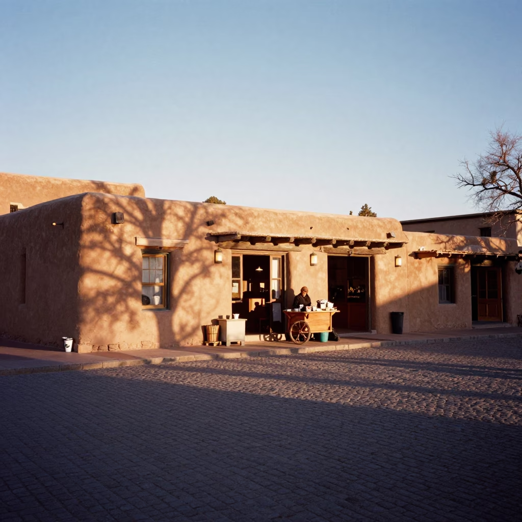 Early Morning Santa Fe Plaza Adobe Architecture and Morning Coffee Scene in in Santa Fe, New Mexico, United States