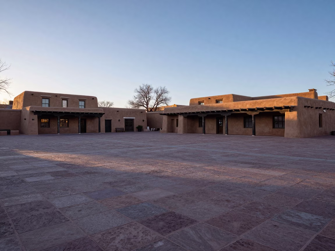 Early Morning Santa Fe Plaza Adobe Architecture and Stone Paving Before Sunrise in in Santa Fe, New Mexico, United States