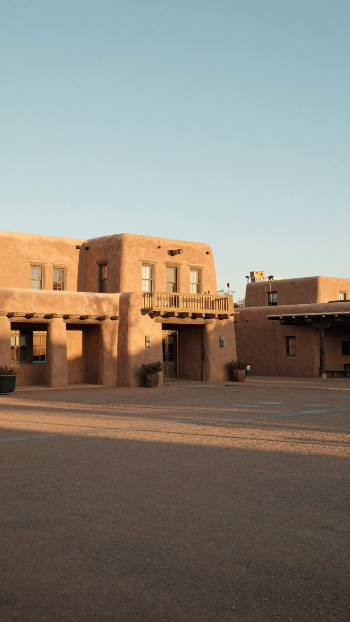 Early Morning Santa Fe Plaza with Adobe Architecture and Local Market Activity in in Santa Fe, New Mexico, United States