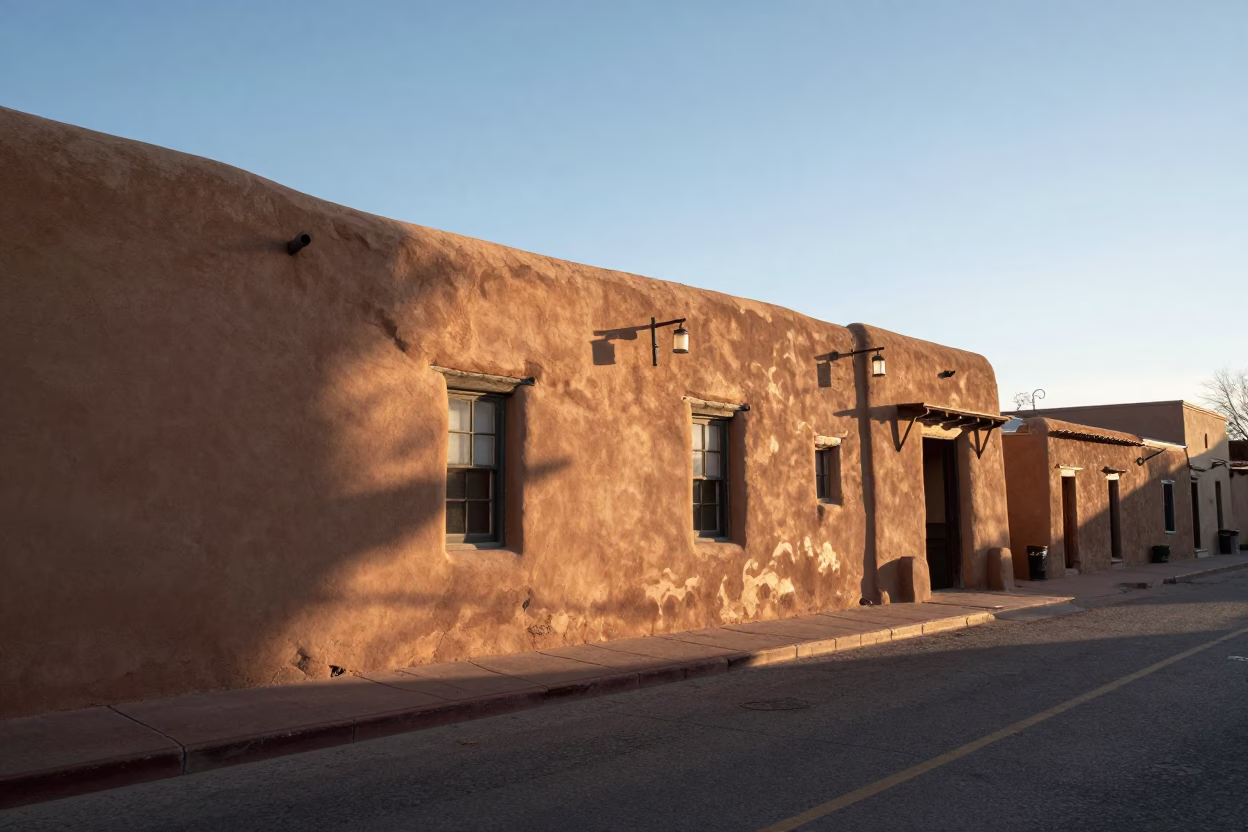 Early Morning Santa Fe Street Scene with Adobe Architecture and Local Details in in Santa Fe, New Mexico, United States