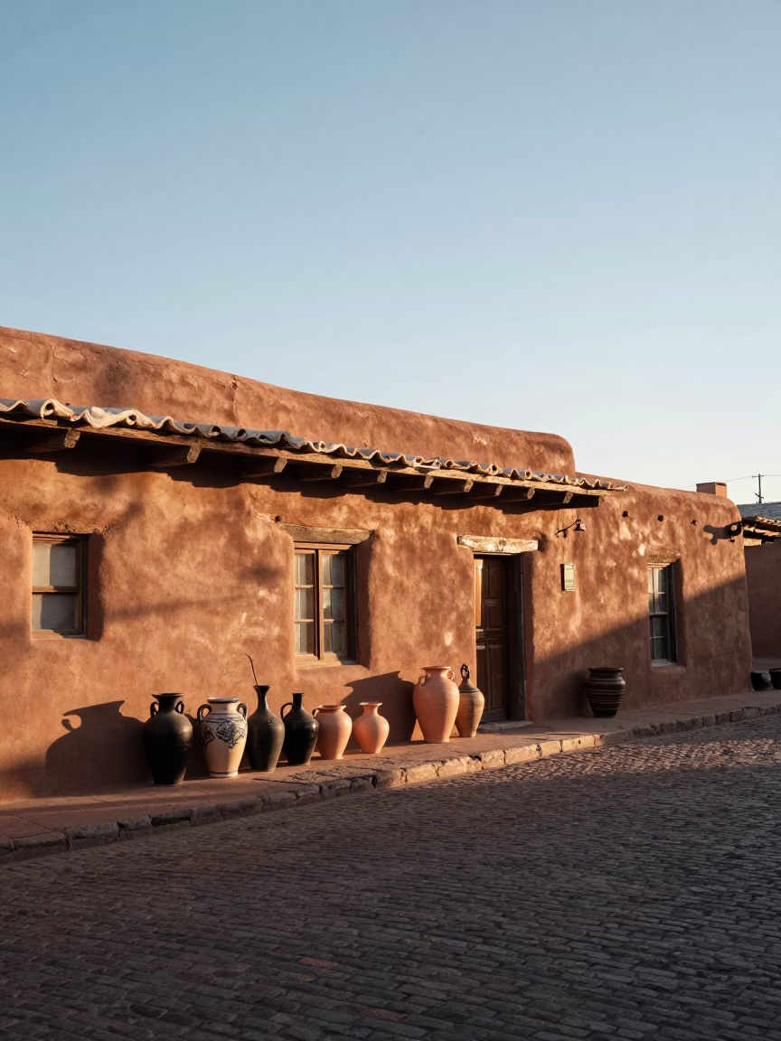 Early Morning Santa Fe Street Scene with Ceramic Pottery and Adobe Architecture in in Santa Fe, New Mexico, United States