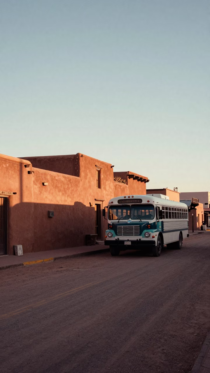 Early Morning Santa Fe Street Scene with Classic Bus and Adobe Architecture in in Santa Fe, New Mexico, United States