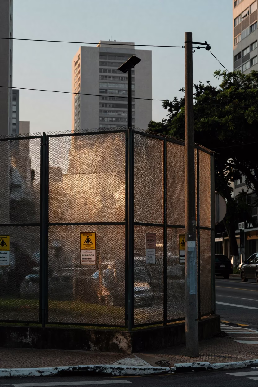 Early Morning São Paulo Street Scene with Substation Fence and Dewy Warning Placards in in São Paulo, Brazil