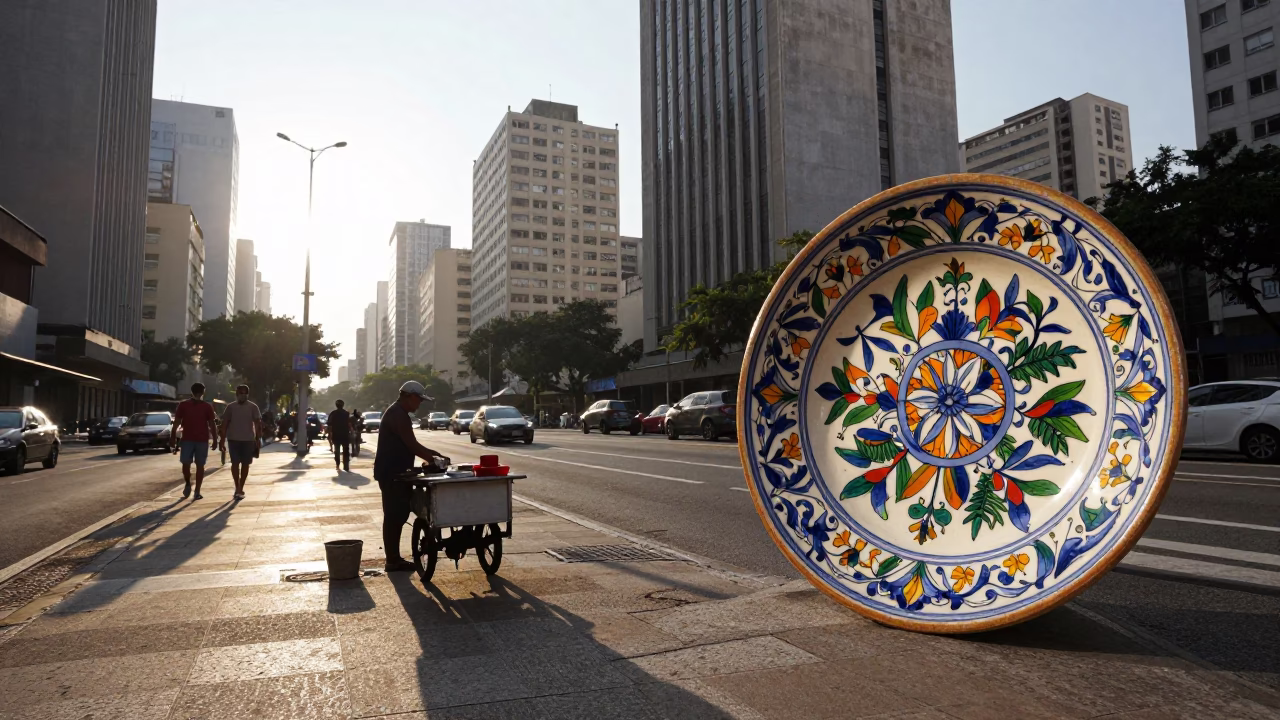Early Morning São Paulo Street Scene with Vintage Majolica Plate and Padlock Detail in in São Paulo, Brazil