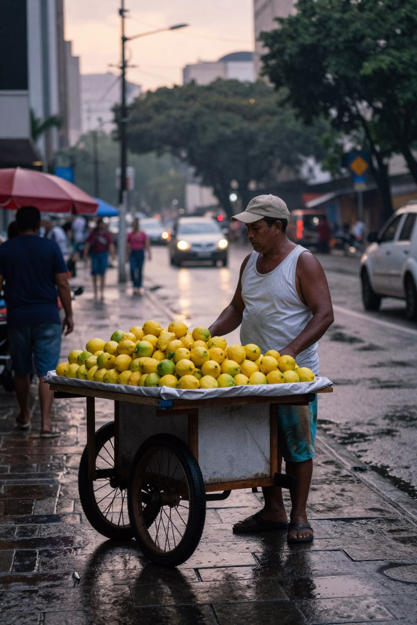 Early Morning São Paulo Street Vendor Selling Fresh Lemons on Wet Flagstones in in São Paulo, Brazil