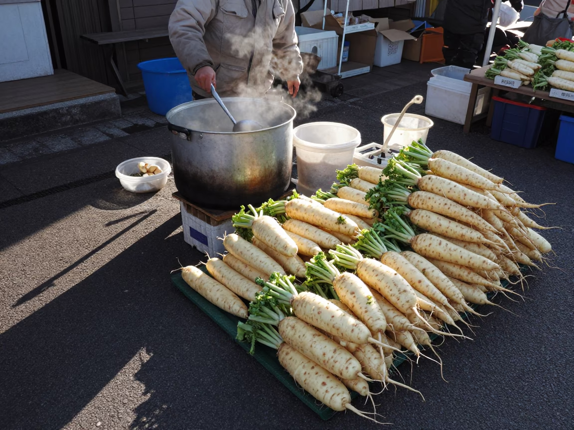 Early Morning Sapporo Market Scene with Ladle and Turnips in Japan in in Sapporo, Japan