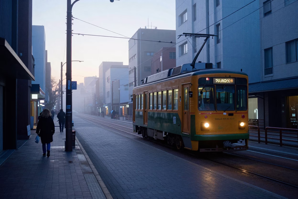 Early Morning Sapporo Street Scene Before Sunrise with Linen Fringe Rail Detail in in Sapporo, Japan