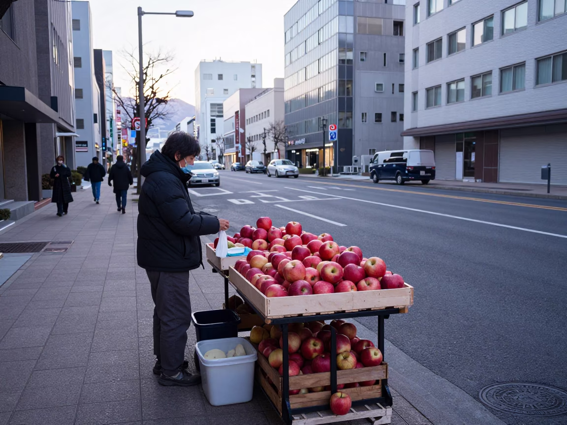 Early Morning Sapporo Street Scene with Apple Vendor and Doormat Detail in in Sapporo, Japan
