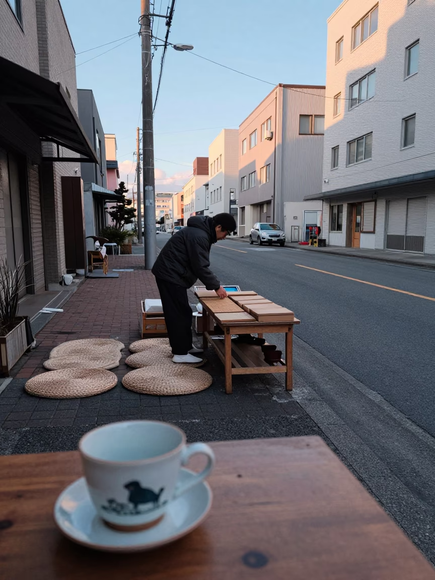 Early Morning Sapporo Street Scene with Ceramic Cup and Woven Mats in in Sapporo, Japan