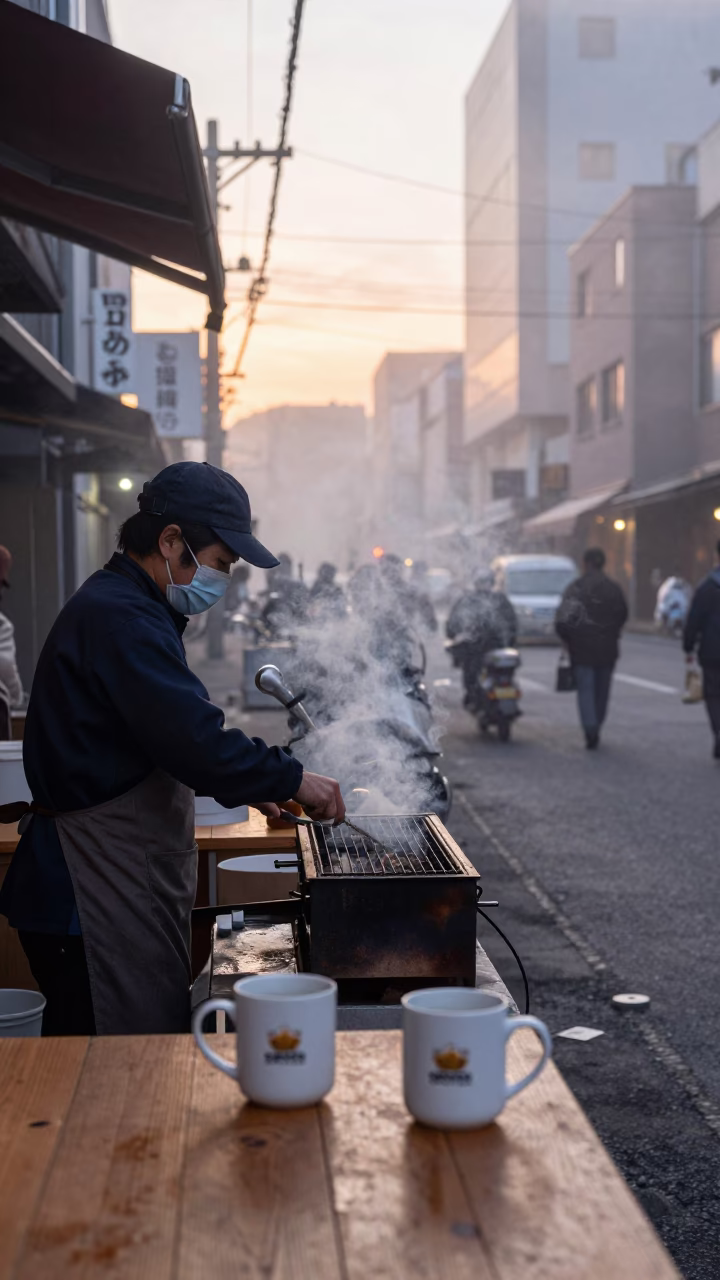 Early Morning Sapporo Street Scene with Coffee Mugs and Okonomiyaki at Dawn in in Sapporo, Japan