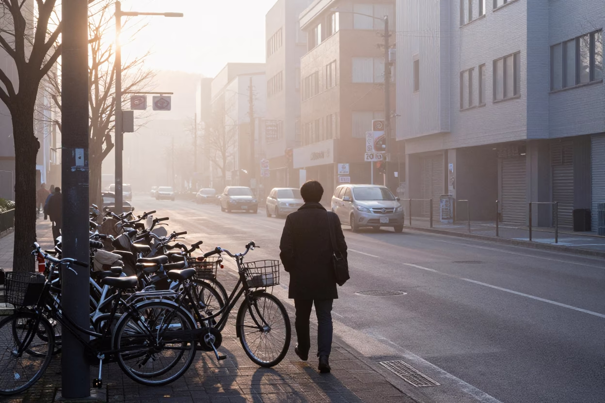 Early Morning Sapporo Street Scene with Commuter and Bicycle near Railway Station in in Sapporo, Japan