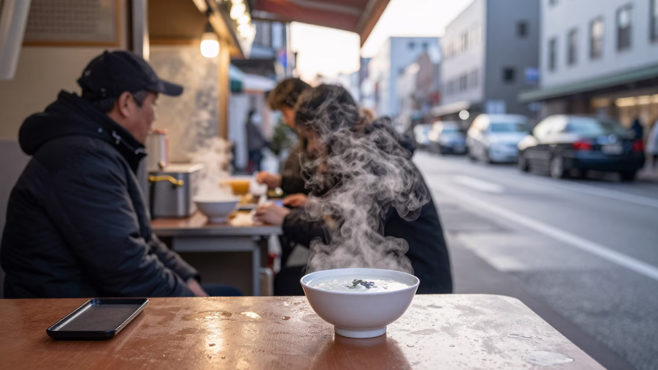 Early Morning Sapporo Street Scene with Condensation on Tabletop and Bowl of Congee in in Sapporo, Japan
