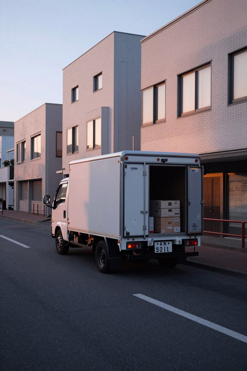 Early Morning Sapporo Street Scene with Delivery Truck and Crate in in Sapporo, Japan