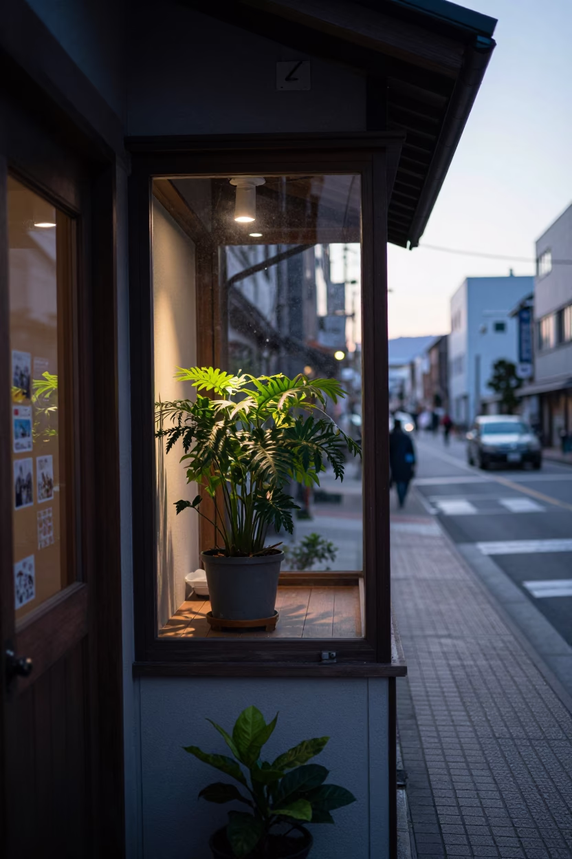 Early Morning Sapporo Street Scene with Houseplant and Postcards in 1950s Japan in in Sapporo, Japan