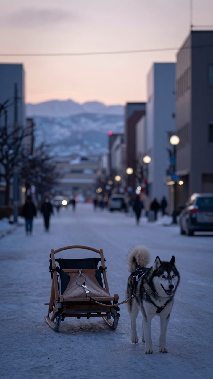 Early Morning Sapporo Street Scene with Husky Sled and Snowy Mountain Backdrop in in Sapporo, Japan