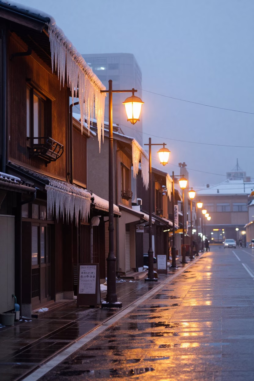 Early Morning Sapporo Street Scene with Icicles and Sodium Lamps in in Sapporo, Japan