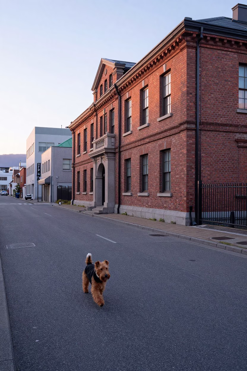 Early Morning Sapporo Street Scene with Irish Terrier and Pottery Shard in in Sapporo, Japan