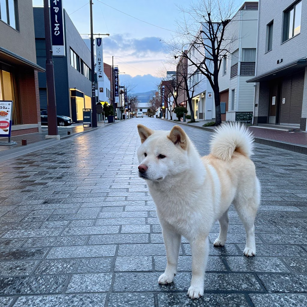 Early Morning Sapporo Street Scene with Kishu Ken Dog and Traditional Architecture in in Sapporo, Japan