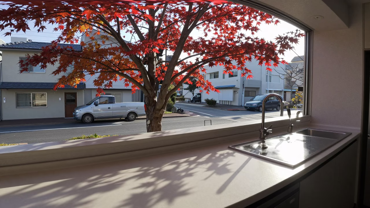 Early Morning Sapporo Street Scene with Leaf Shadows and Vintage Charm in in Sapporo, Japan