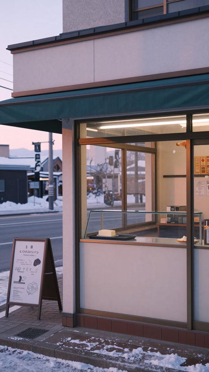 Early Morning Sapporo Street Scene with Local Breakfast Shop and Wooden Counter in in Sapporo, Japan