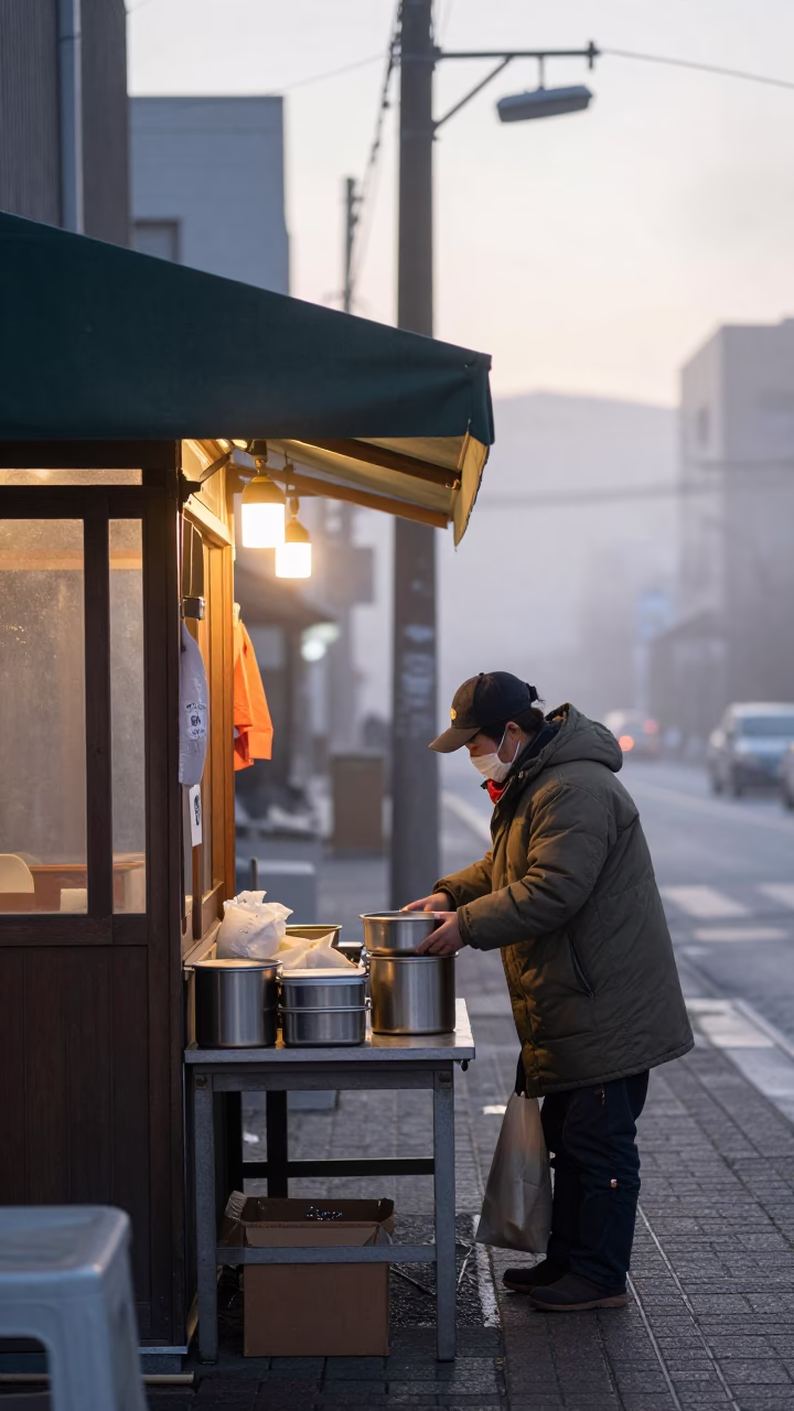 Early Morning Sapporo Street Scene with Local Shopkeeper and Steam Vending in in Sapporo, Japan