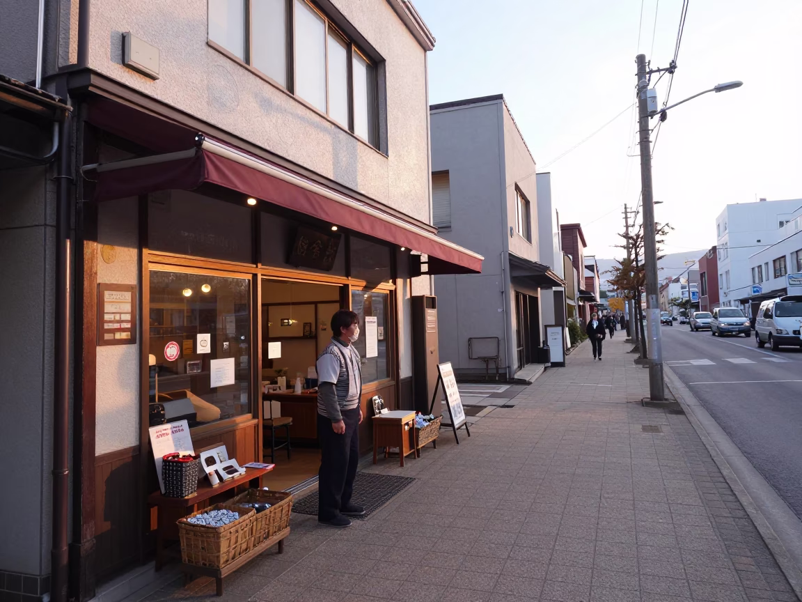 Early Morning Sapporo Street Scene with Local Shopkeeper and Vintage Items in in Sapporo, Japan
