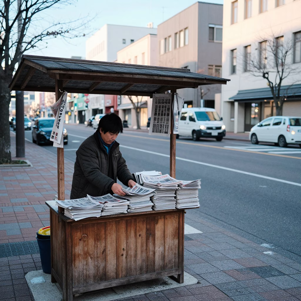 Early Morning Sapporo Street Scene with Newspaper Vendor and Wooden Door Latch in in Sapporo, Japan