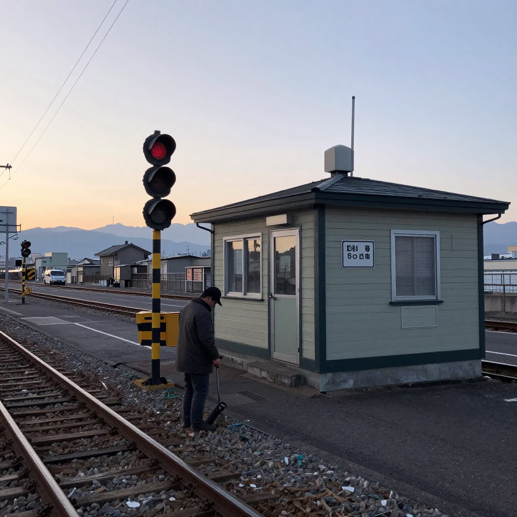 Early Morning Sapporo Street Scene with Railway Signal Cabin and Worker in in Sapporo, Japan