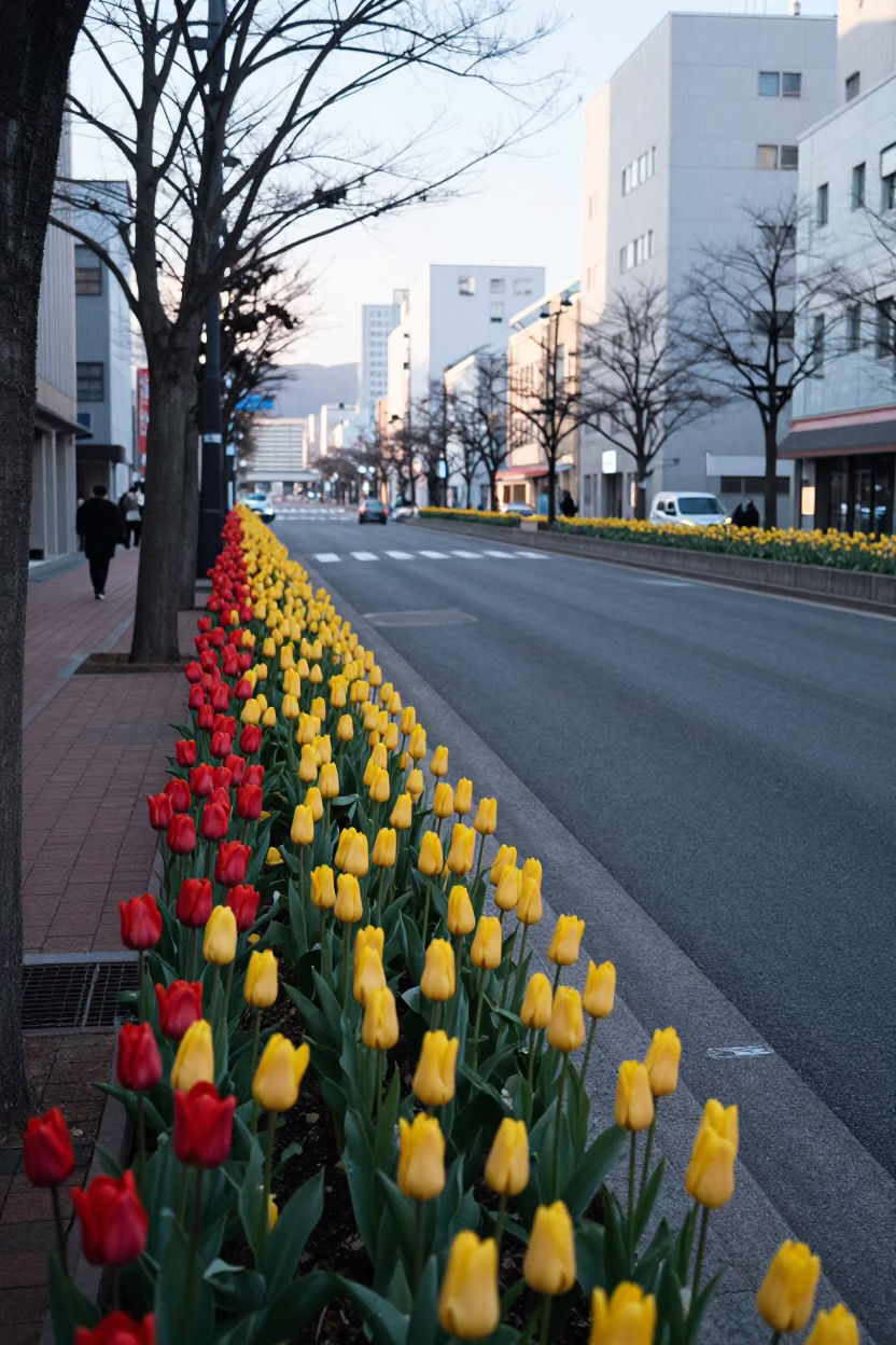 Early Morning Sapporo Street Scene with Red and Yellow Tulips in Spring in in Sapporo, Japan