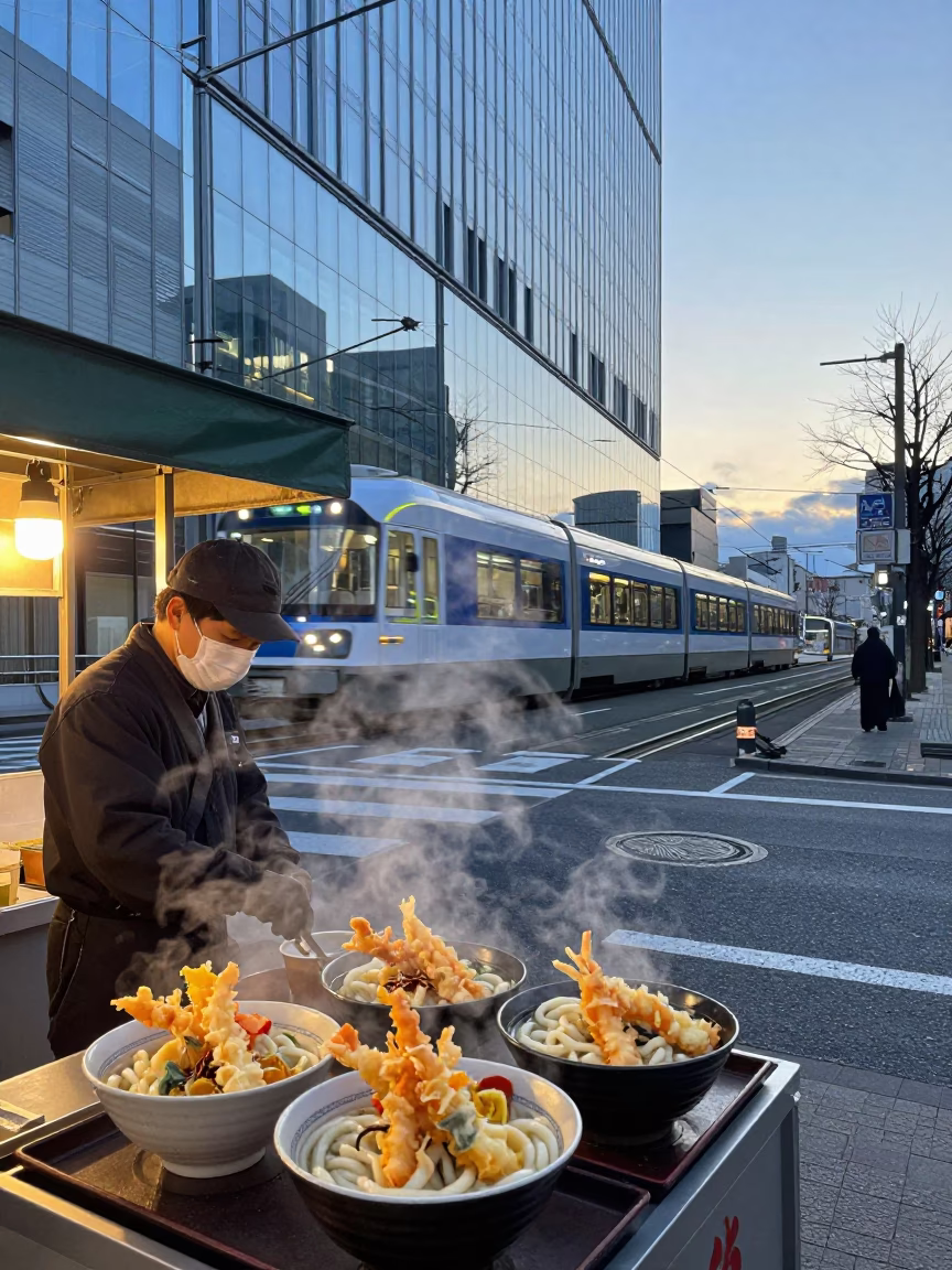 Early Morning Sapporo Street Scene with Reflected Monorail and Glass Skyscraper in in Sapporo, Japan