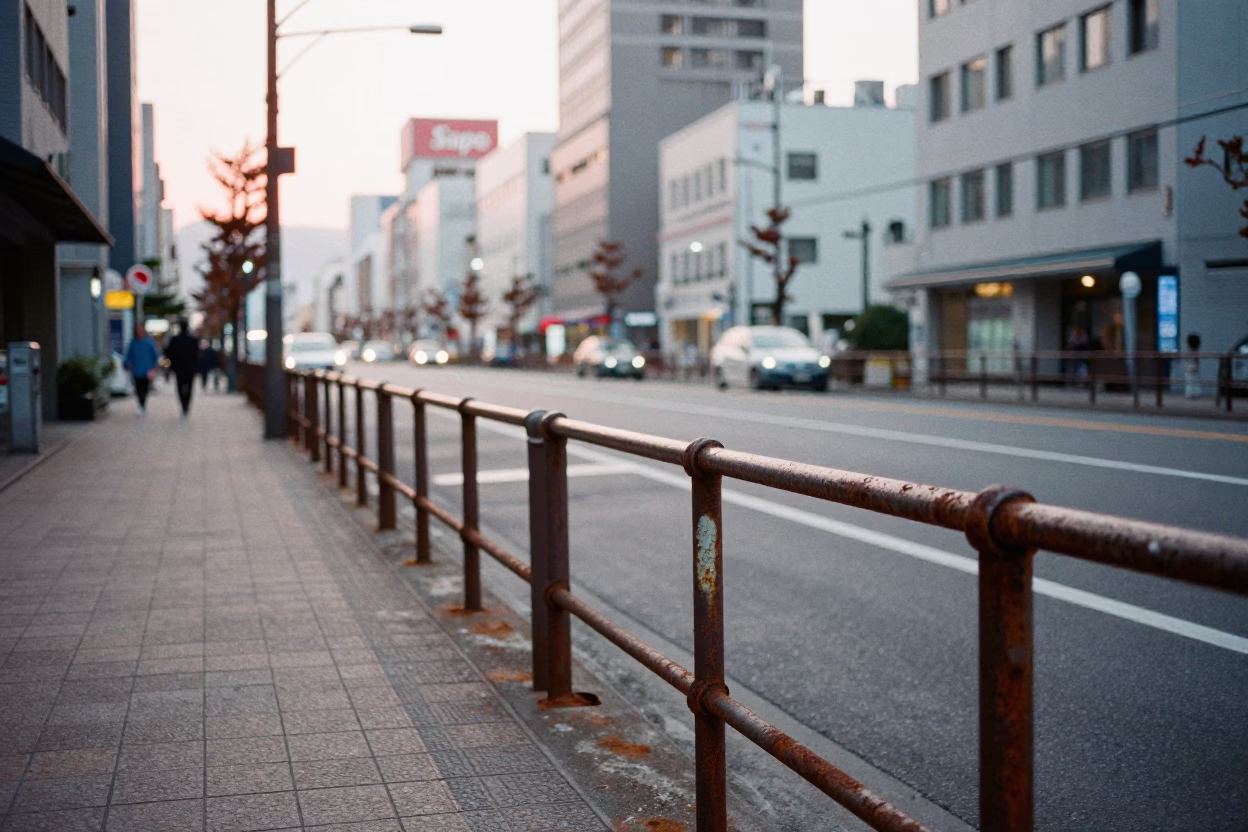 Early Morning Sapporo Street Scene with Rusting Metal Railings and Wooden Hangers in Japan in in Sapporo, Japan