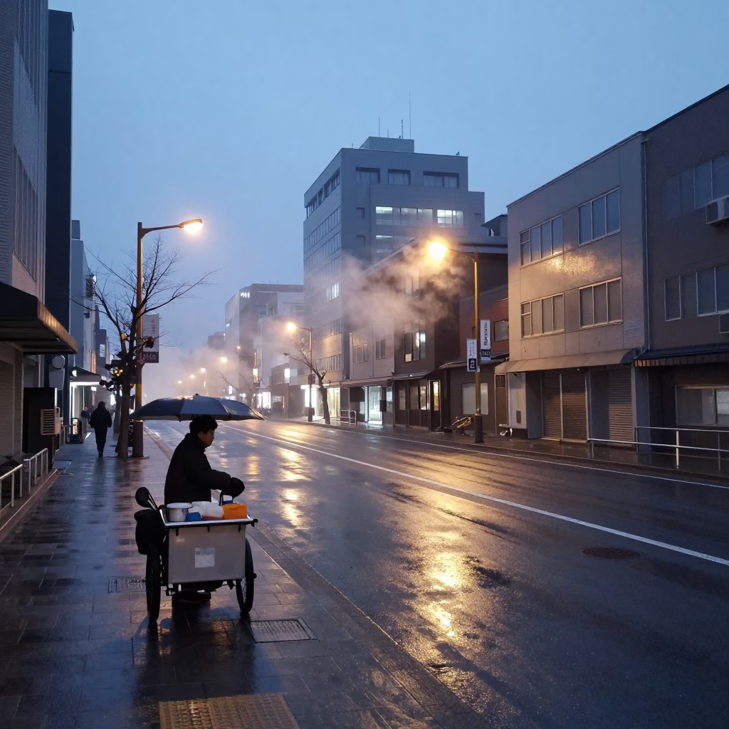 Early Morning Sapporo Street Scene with Steam and Urban Details in in Sapporo, Japan
