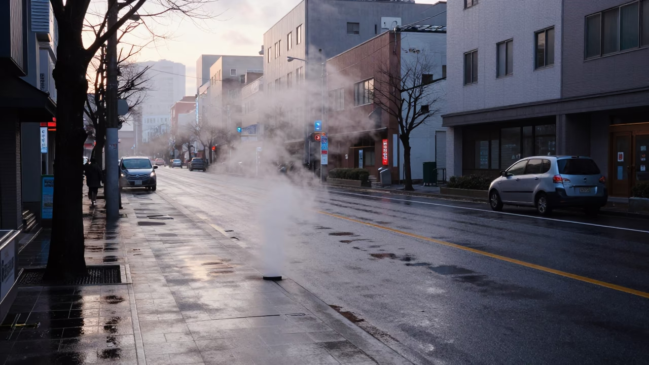 Early Morning Sapporo Street Scene with Steam and Wet Pavement in in Sapporo, Japan
