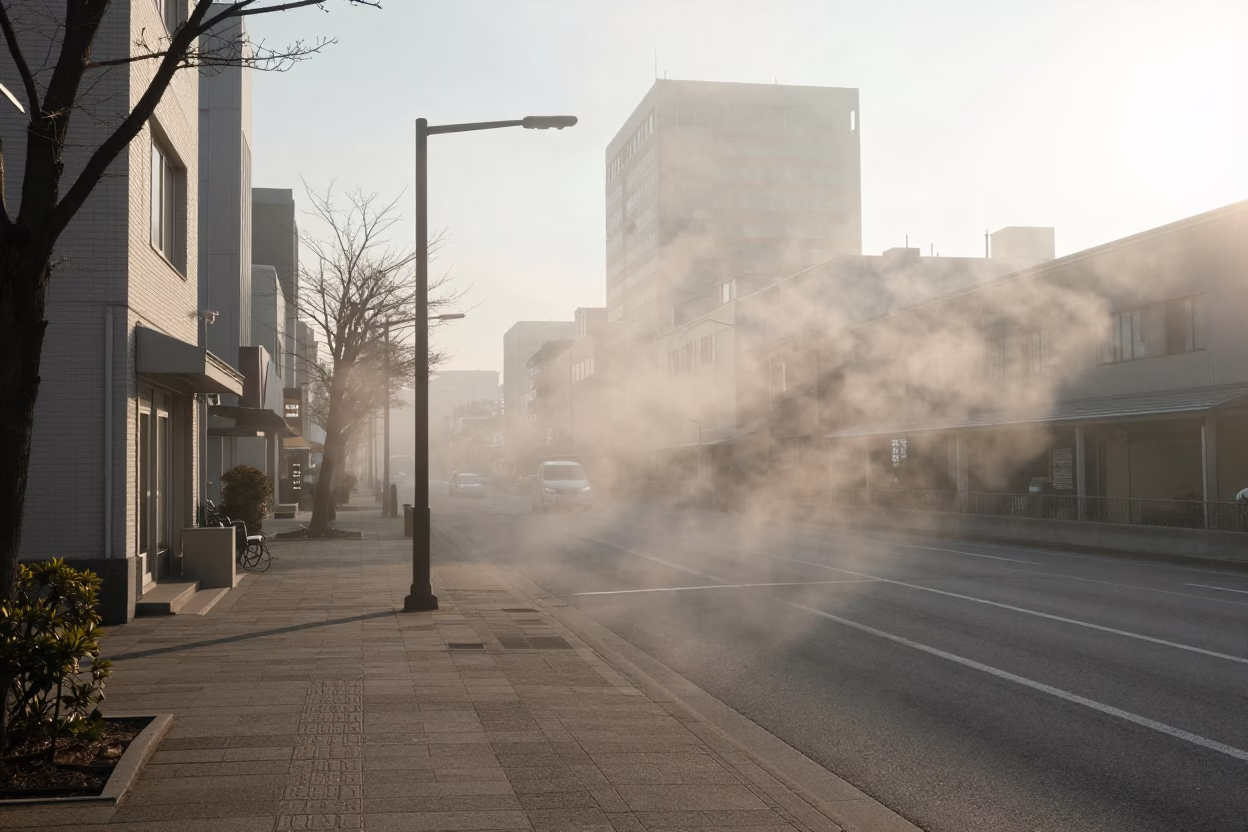 Early Morning Sapporo Street Scene with Steam Haze and Clear Glass Window Reflections in in Sapporo, Japan