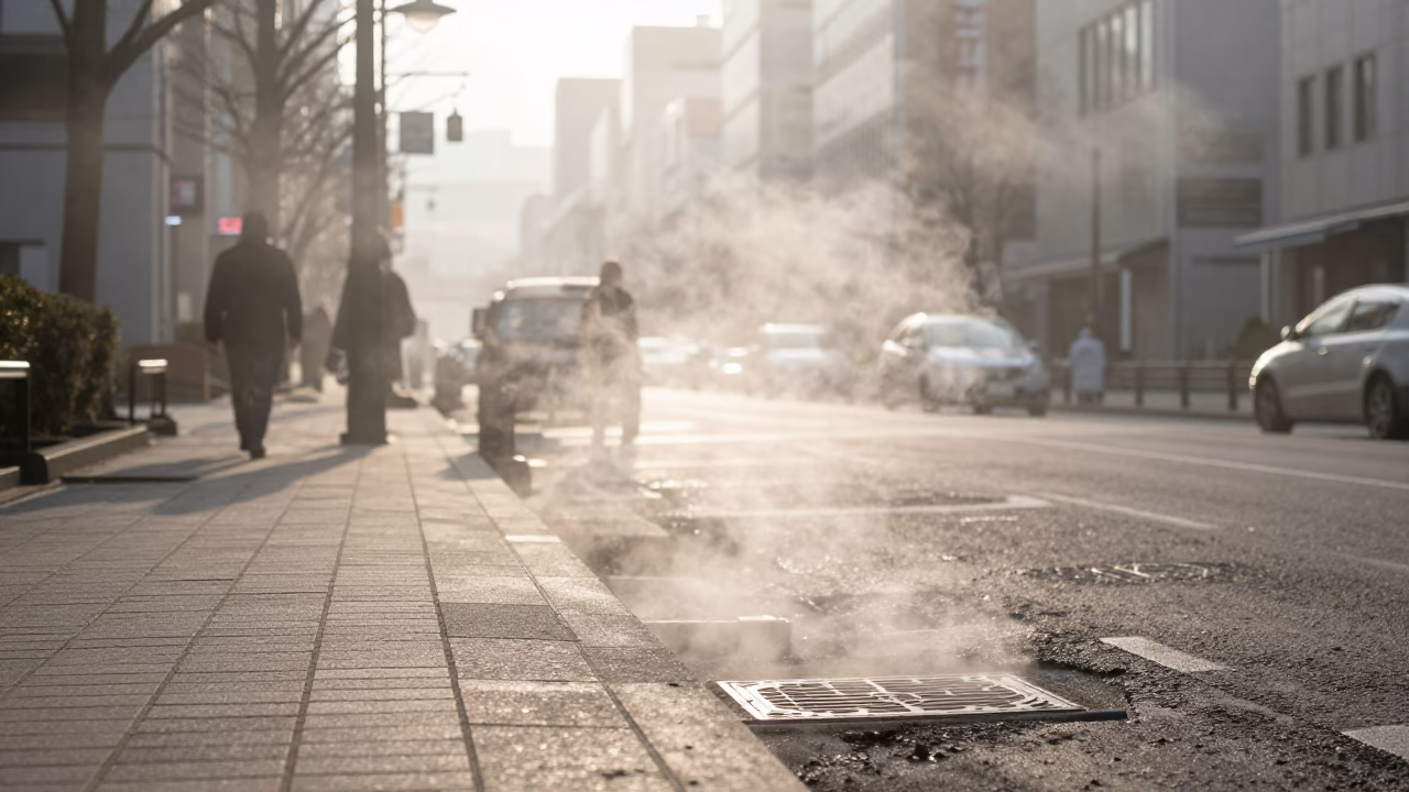 Early Morning Sapporo Street Scene with Steam Haze and Urban Infrastructure Details in in Sapporo, Japan
