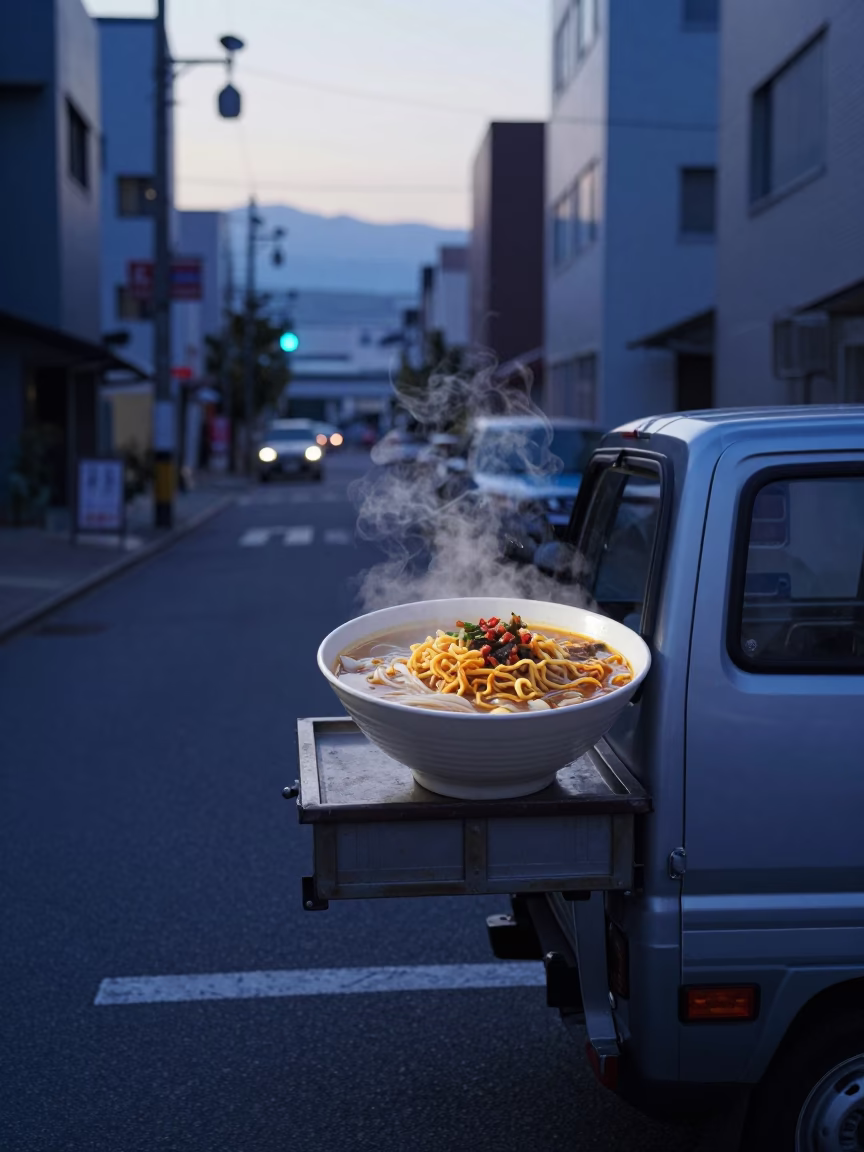 Early Morning Sapporo Street Scene with Steaming Khao Soi and Cargo Bicycle Before Sunrise in in Sapporo, Japan