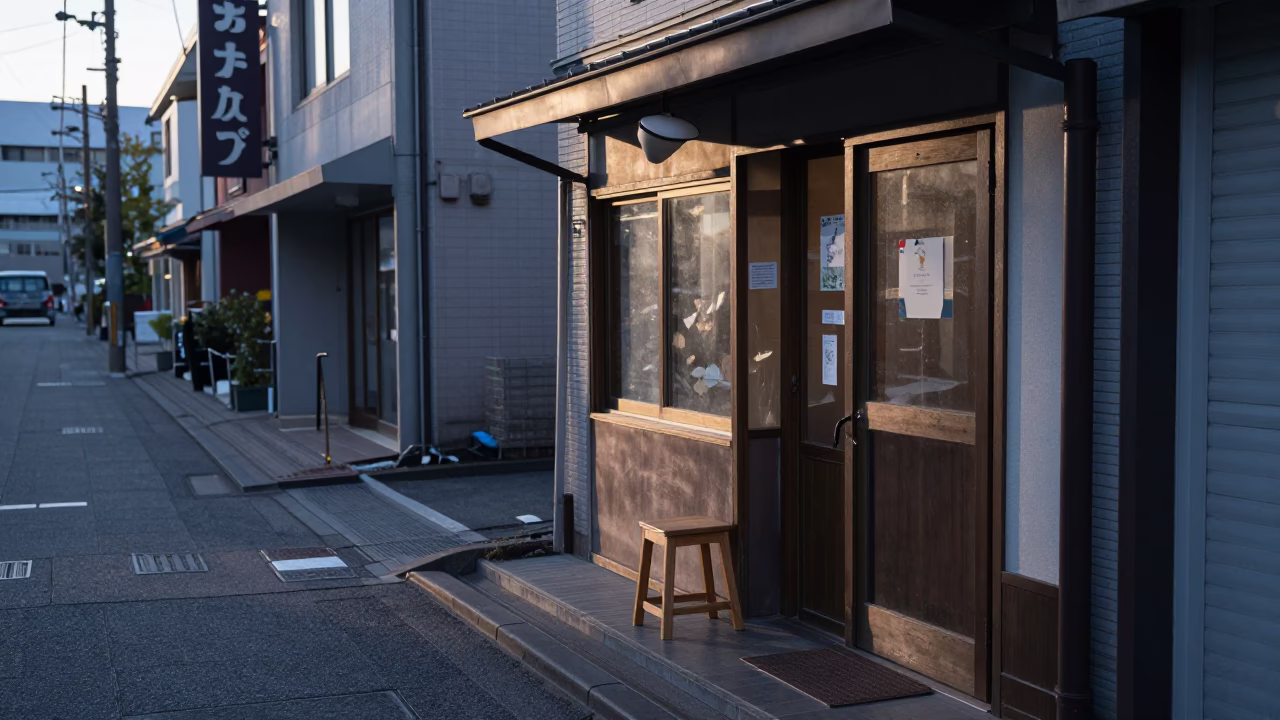 Early Morning Sapporo Street Scene with Stool and Step Ladder in in Sapporo, Japan