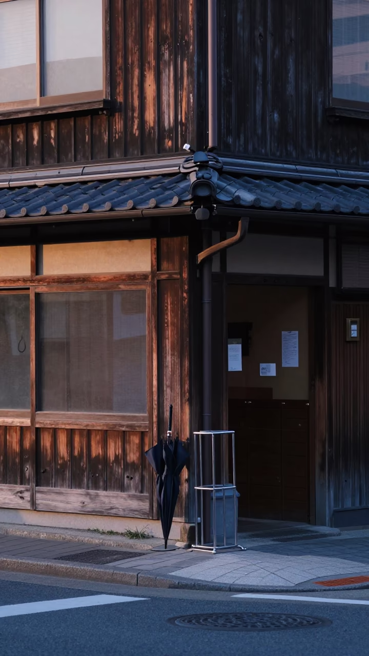 Early Morning Sapporo Street Scene with Umbrella Stand and Ivy Vines in in Sapporo, Japan