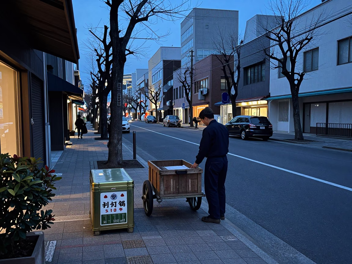 Early Morning Sapporo Street Scene with Vintage Tin Box and Thimble in in Sapporo, Japan