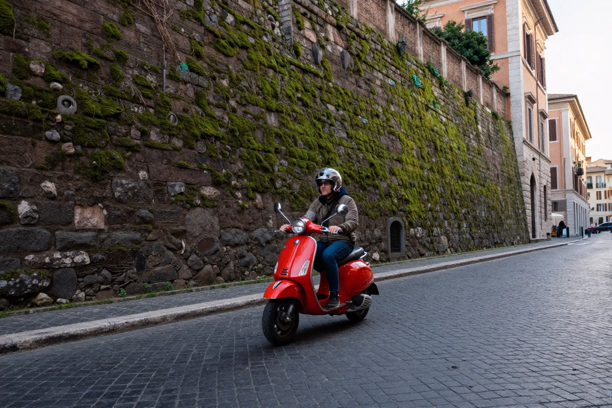 Early Morning Scooter in Rome Italy Mossy Stone Wall Street Photography in in Rome, Italy