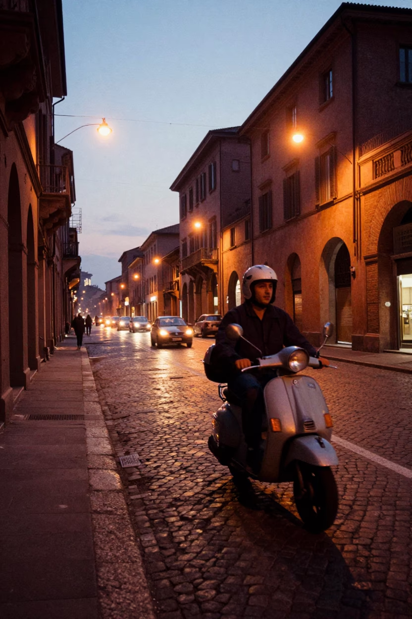 Early Morning Scooter Traffic in Bologna Italy Before Dawn in in Bologna, Italy