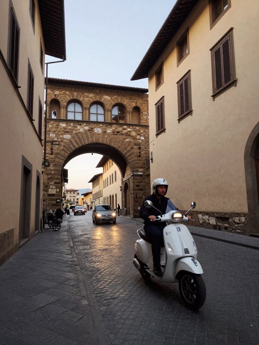 Early Morning Scooter Traffic in Historic Florence Italy Old Town Streets in in Florence, Italy