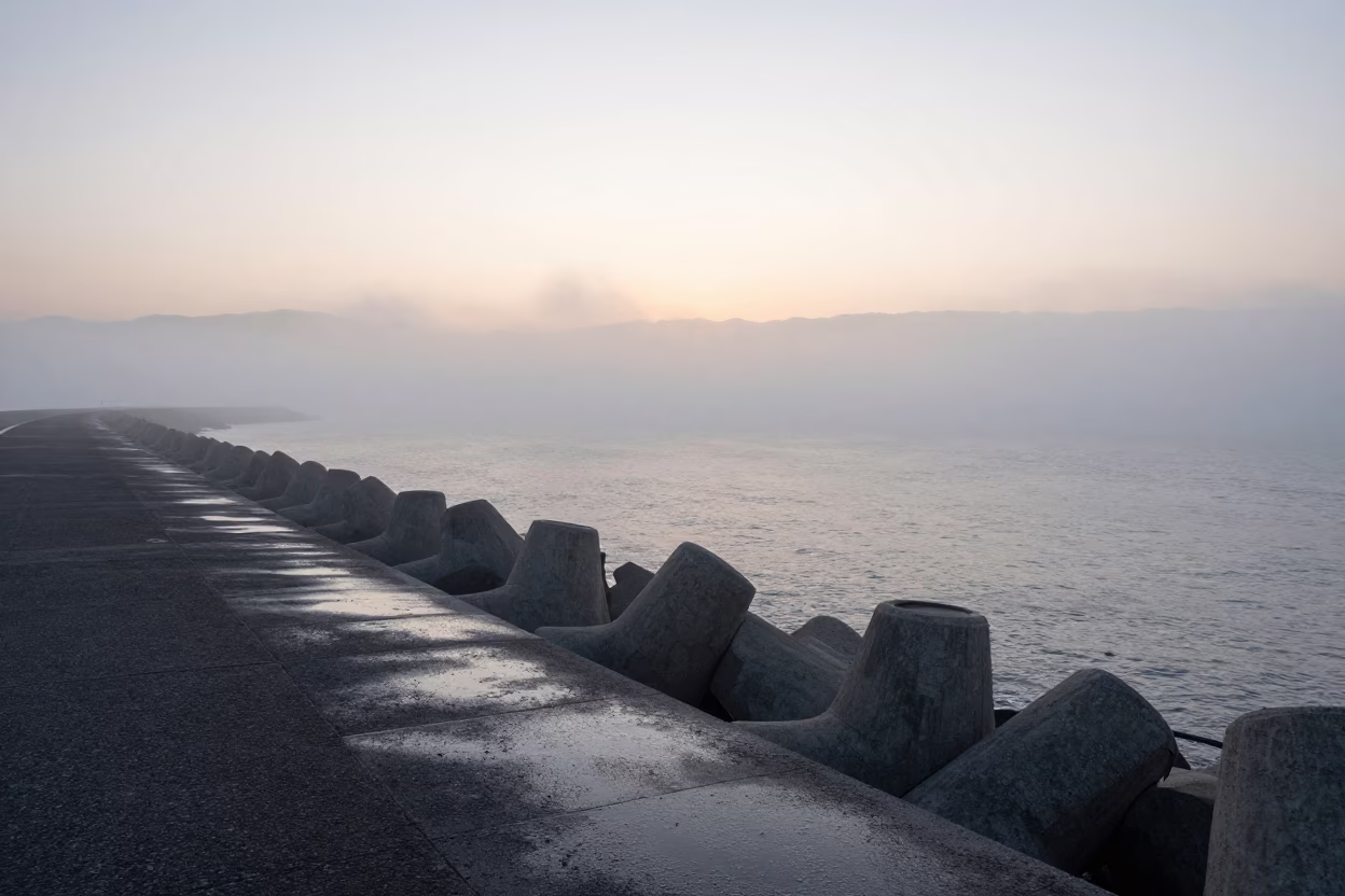 Early Morning Sea Fog and Breakwater in Fukuoka Japan Coastal Dawn Scene in in Fukuoka, Japan