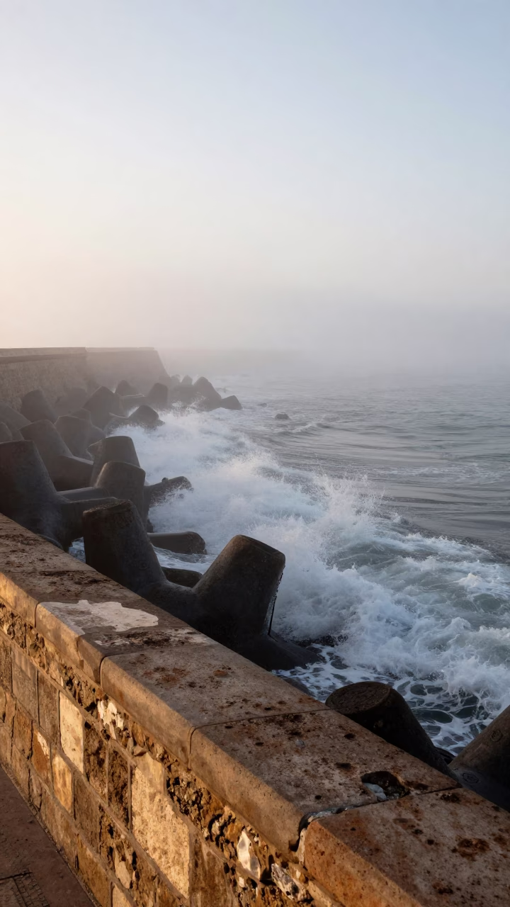 Early Morning Sea Fog Crawling Over Essaouira Breakwater at Dawn in in Essaouira, Morocco