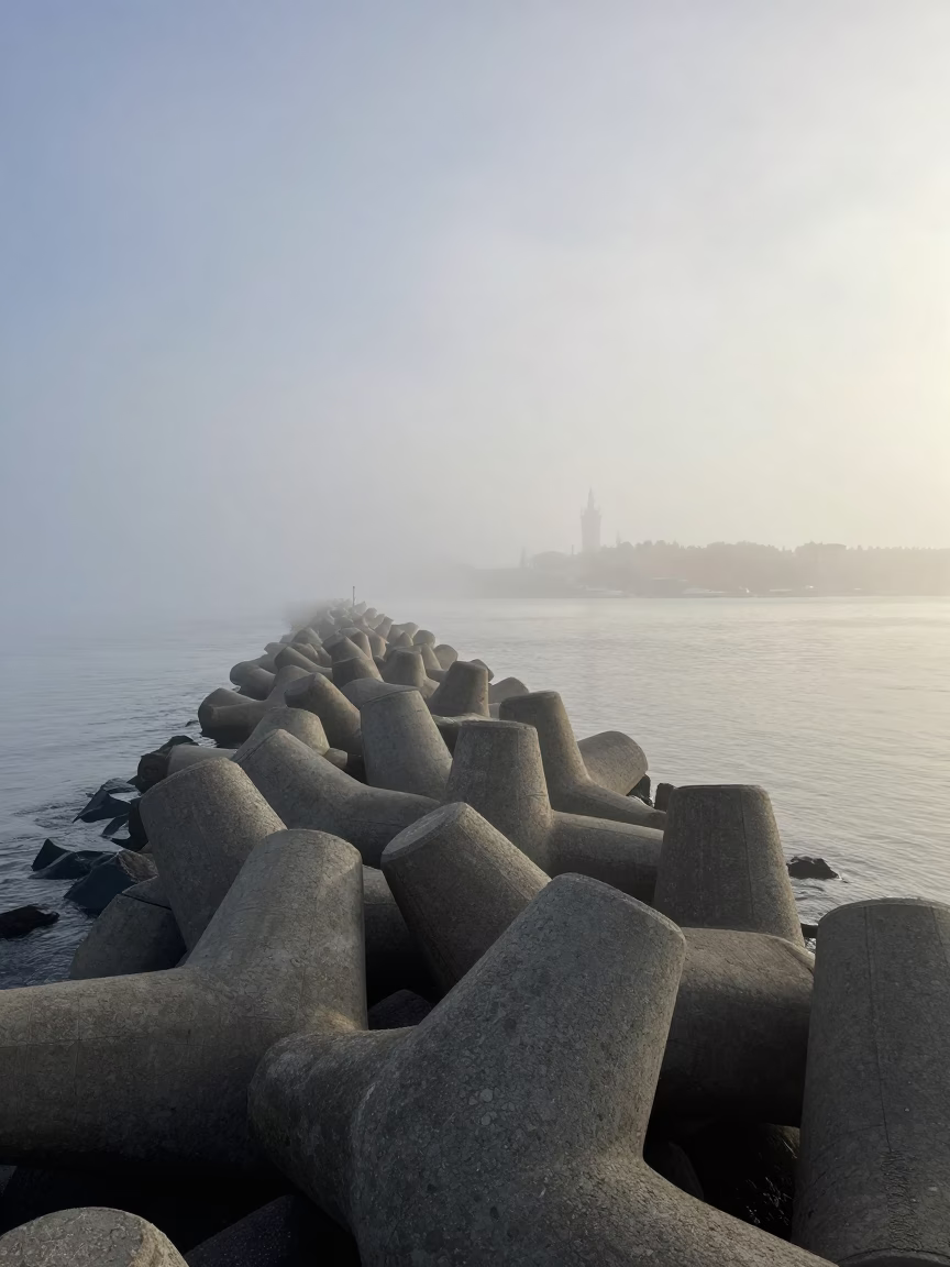 Early Morning Sea Fog Crawling Over Stockholm Breakwater at Dawn in in Stockholm, Sweden