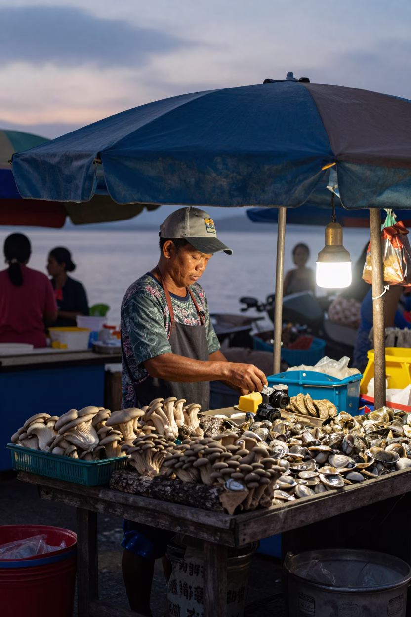 Early Morning Seafood Market Stall in Phuket Thailand Before Dawn in in Phuket, Thailand