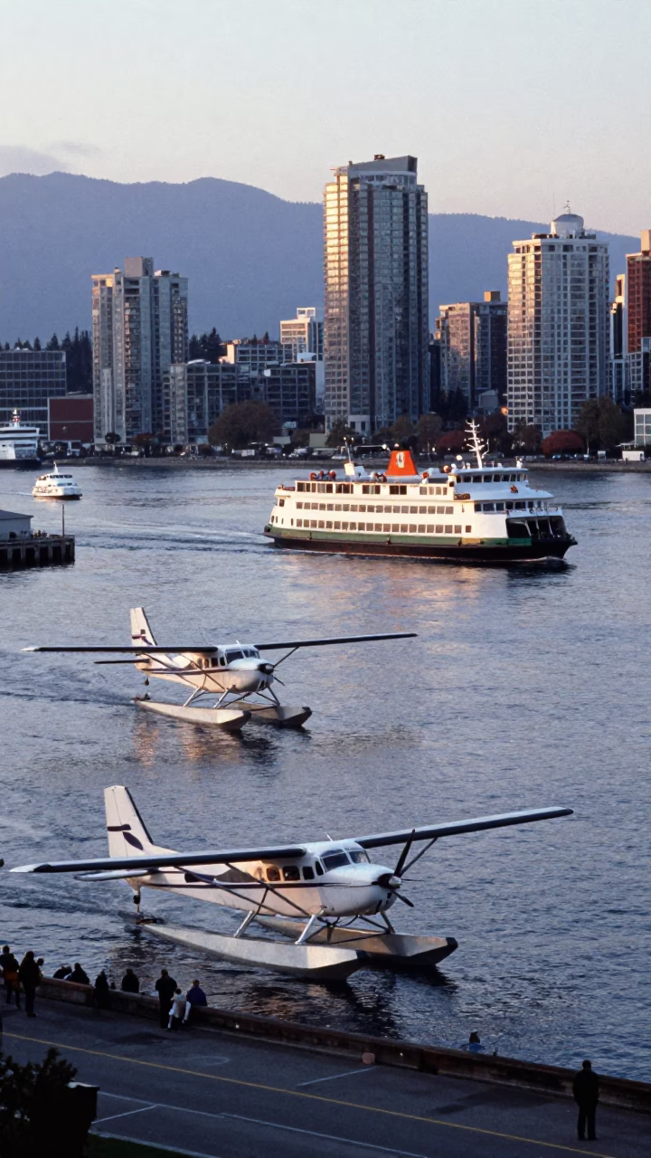 Early Morning Seaplane and Ferry Traffic on Vancouver Harbour with Downtown Skyline in in Vancouver, British Columbia, Canada