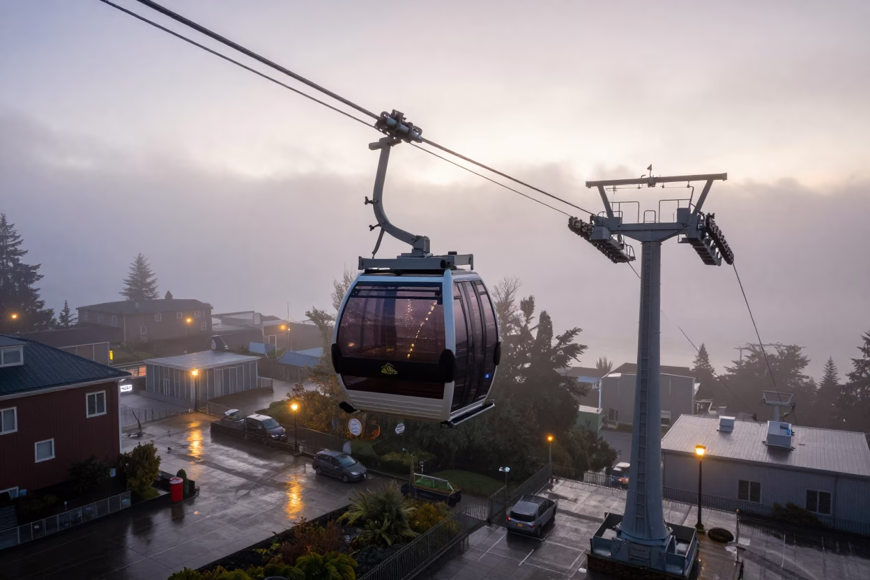 Early Morning Seattle Aerial Tramway Gondola Rising Through Fog Above Pioneer Square in in Seattle, Washington, United States