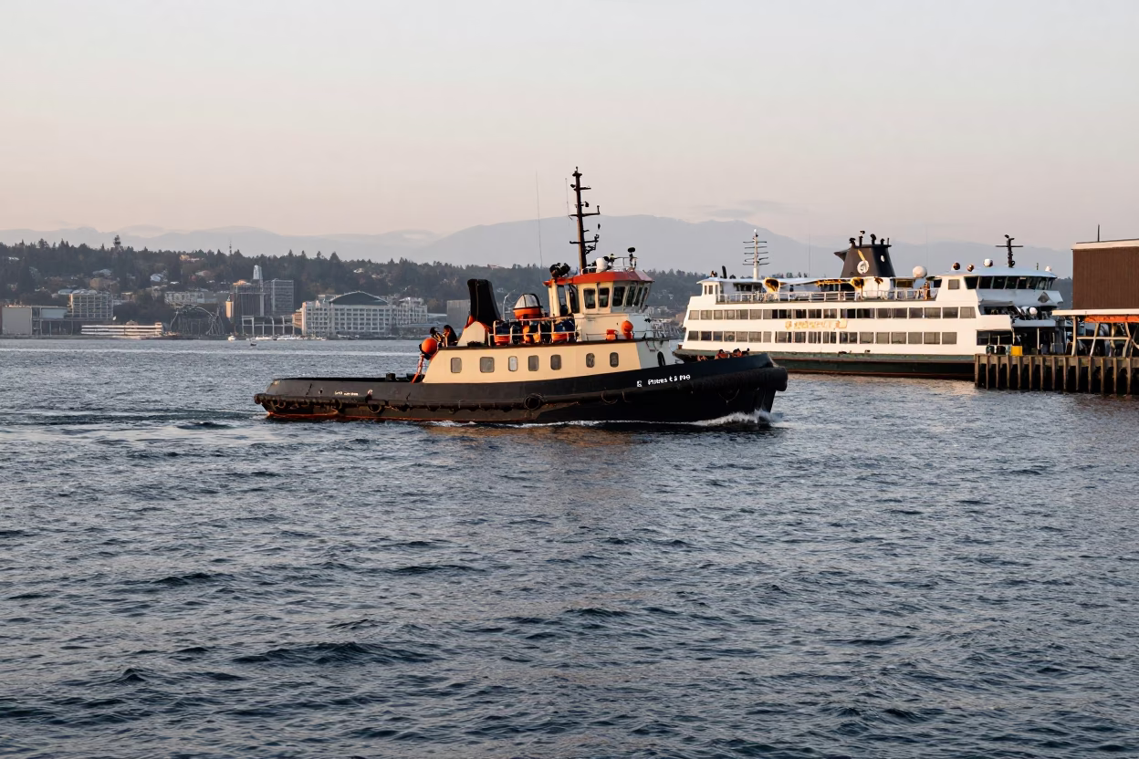 Early Morning Seattle Harbor Tugboat and Ferry Traffic with Urban Skyline in in Seattle, Washington, United States