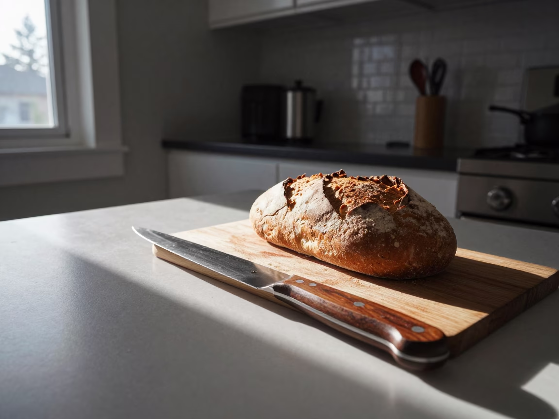 Early Morning Seattle Kitchen Scene with Bread Knife and Linen Fringe Shelf Bracket in in Seattle, Washington, United States
